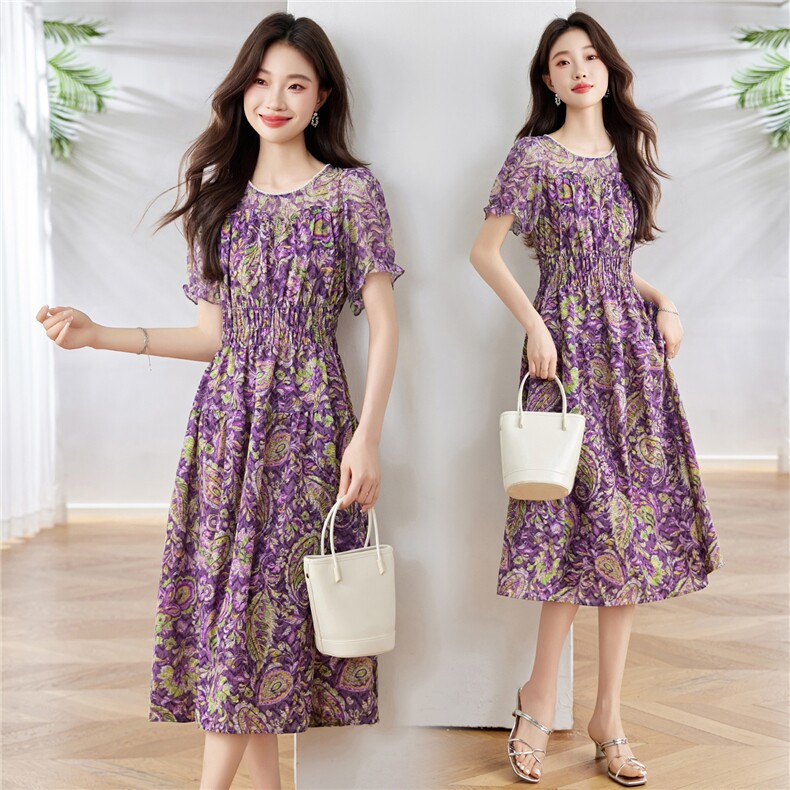 绝美紫色碎花连衣裙女2025夏季新款洋气减龄收腰显瘦小个子印花裙,女装连衣裙,布芭啦