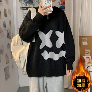 港风潮流长袖毛衣外套宽松休闲圆领套头针织衫线衣7024P55加绒P70图片