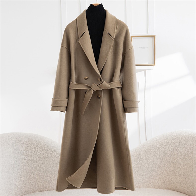 2025年秋季长袖常规系扣带子时尚百搭通勤大衣，女装毛呢外套，怡欣双面呢工厂店