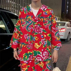 C7022男士休闲大码大花大V领七分袖T恤外套风民族特色套头TEE图片