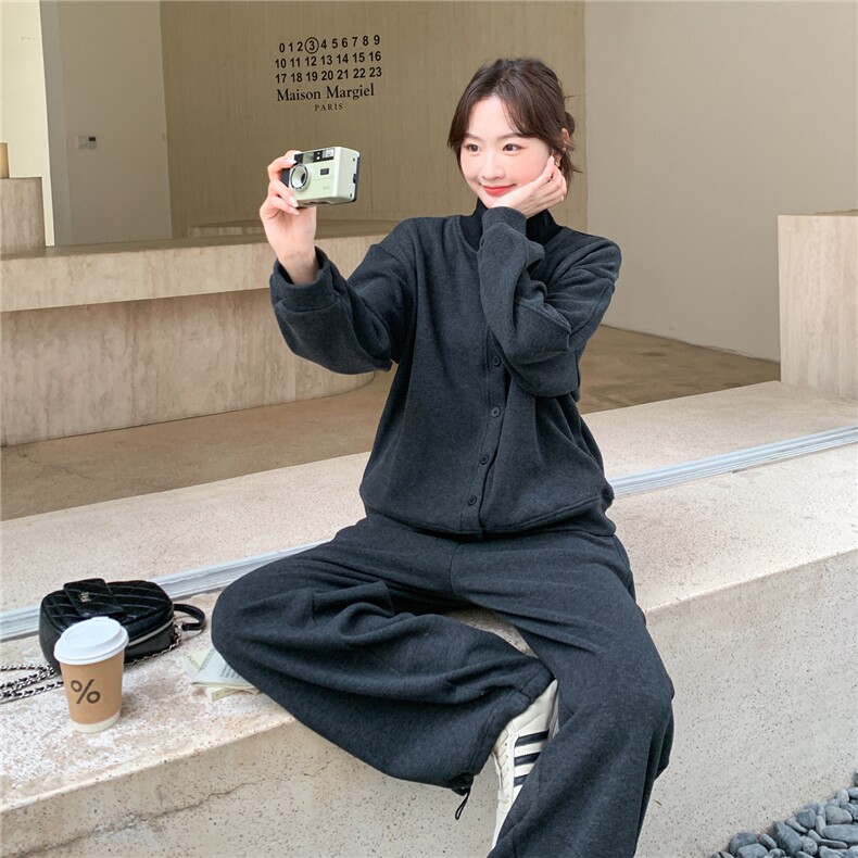 灰色松弛感加绒加厚立领卫衣两件套女2025冬季新款学院风显瘦卫裤,女装套装/套裙,艾米莉亚