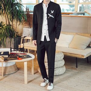 W202 *2021男士中山装两件套复古中国风立领西装套 纯色 * P120图片