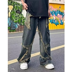 五角星设计牛仔裤男美式复古大口袋毛边做旧水洗高街工装阔腿长裤，男装牛仔裤，星座506A
