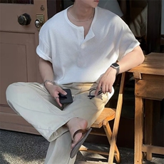 时尚华夫格亨利领短袖T恤男夏季美式复古轻薄侧开叉打底上衣体恤，男装T恤，星座506A