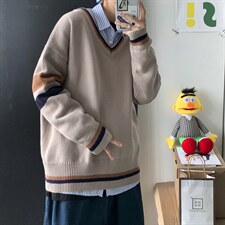 21秋装 港风针织衫V领长袖毛衣JK宽松制服情侣慵懒风中性 W08/P65图片