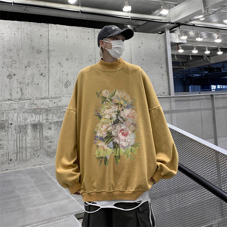水洗做旧加绒加厚卫衣男23冬高领油画花朵打底衫XZ514-2-X51-P78,男装T恤,星座514-2(原B239)