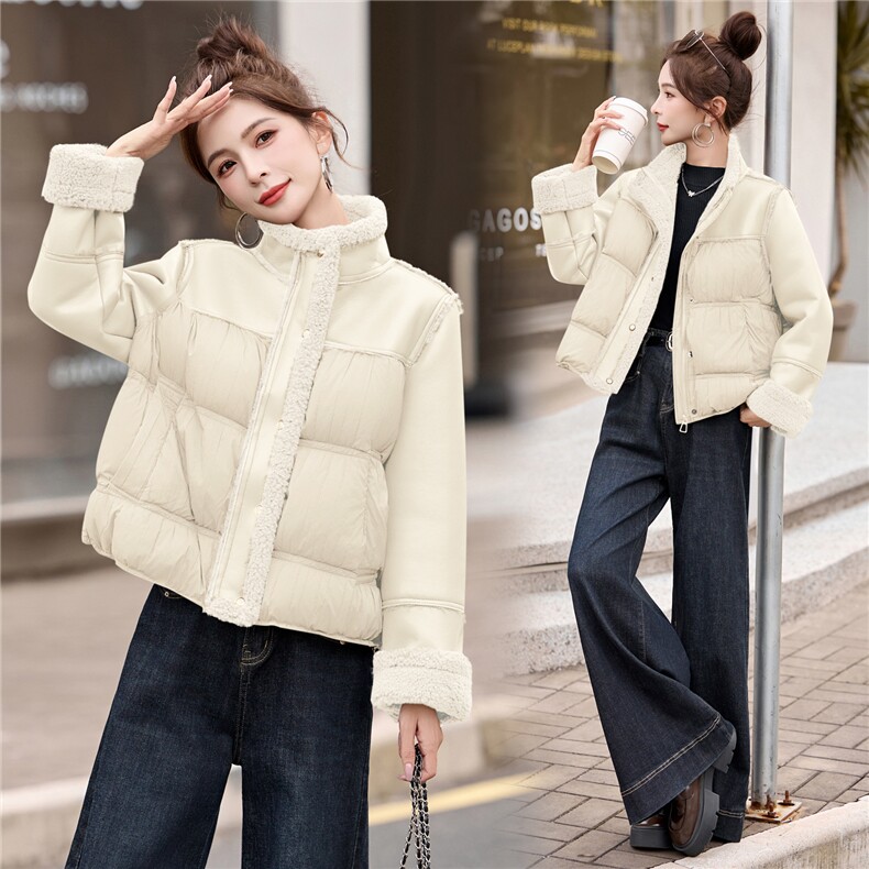 2025新款冬季90绒加厚小个子短款拼接羊羔毛PU皮羽绒服外套,女装羽绒服,瑶迪依秀