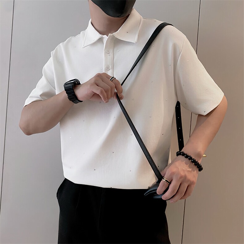 8953/P65控95夏季社会小伙轻奢Polo衫满天星烫钻翻领短袖男黑首1,男装T恤,星座305B
