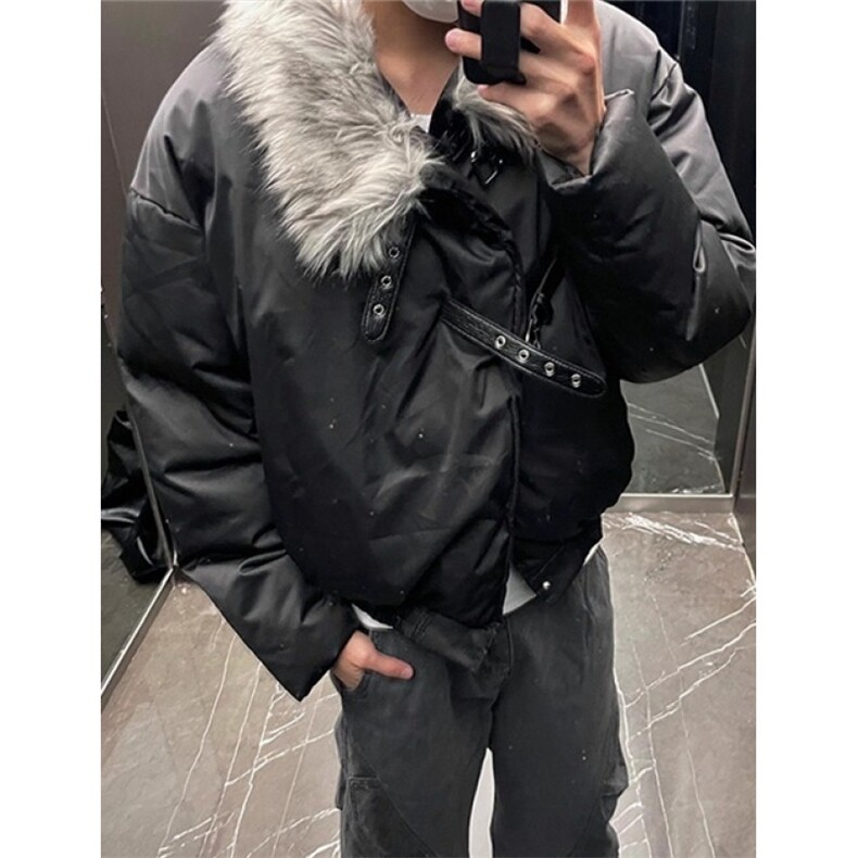 冬季新款黑色毛领夹克棉服男高街皮扣设计感棉衣外套 MS6030图片