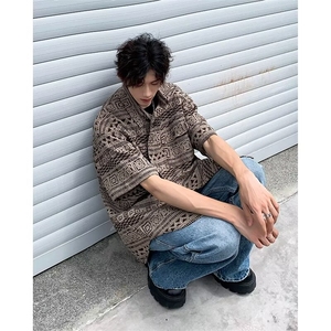 夏威夷提花古巴领短袖衬衫男女户外夏季度假痞帅花衬衣 CJ13图片