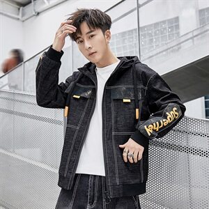 秋季新款工装复古牛仔外套宽松大码连帽夹克男A438-W560