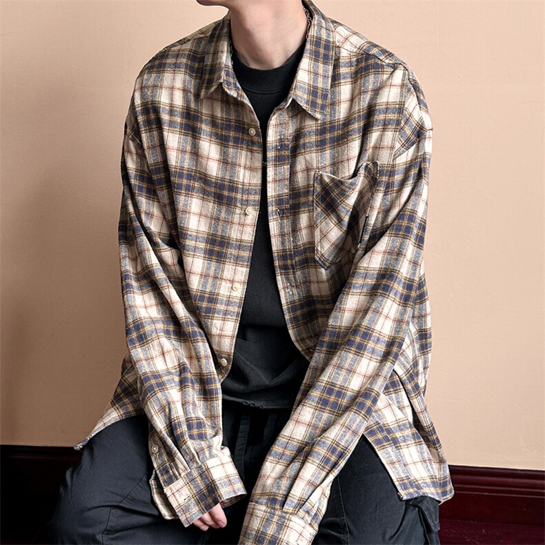 秋季宽松休闲格子长袖衬衣潮牌中性衬衫AC2308601-特批P50控89,男装衬衫,电商A351
