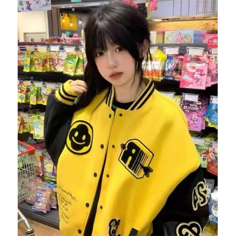 复古刺绣火焰元素字母黄色棒球服春秋季休闲百搭情侣外套JF069,女装短外套,星座1116A（原606A-3）