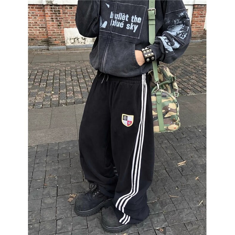 美式条纹运动风卫裤男女春秋季街头三条杠徽章直筒宽松百搭休闲裤，男装休闲裤，四季星座505