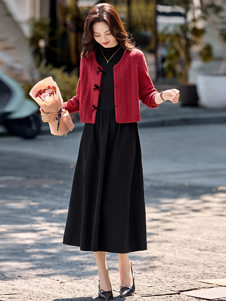 秋冬气质范两件套女2025新款针织线衫外套淑女范连衣裙套装裙,女装套装/套裙,香水丽阁