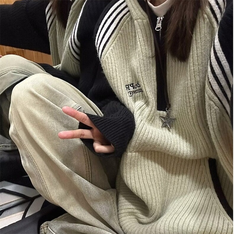 778-P55美式毛衣女秋冬宽松潮牌撞色插肩袖连帽日系慵懒针织衫,男装针织衫/毛衣,电商B323A