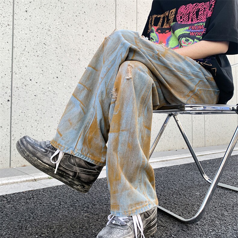 高街做旧dirtyfit废土风破洞牛仔裤男女宽松阔腿拖地裤13533-p48图片