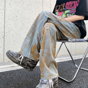 高街做旧dirtyfit废土风破洞牛仔裤男女宽松阔腿拖地裤13533-p48图片