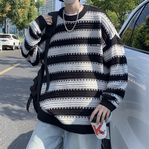 vintage毛衣男秋冬季日系复古慵懒风圆领条纹针织衫MY0712-P45图片