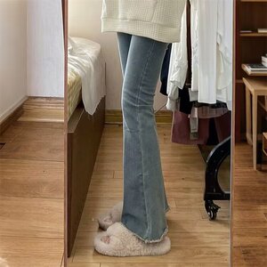 1506-1/K9571/P39女士蓝色毛边微喇牛仔裤图片