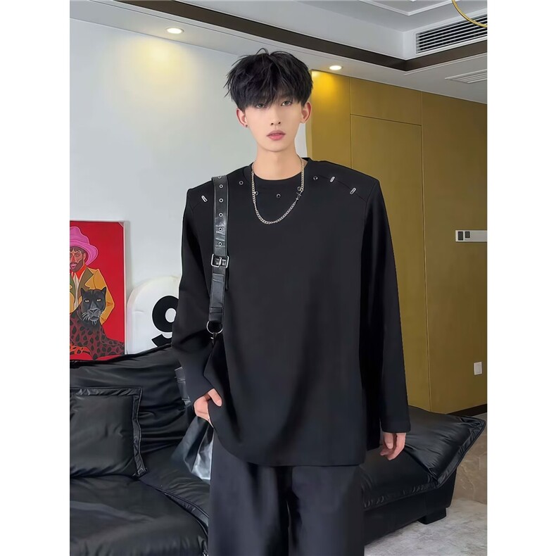 网络图高质量钉扣装饰长袖T恤黑色白色M到3XLXZ212-1-QWT721-P45,男装T恤,星座212-1