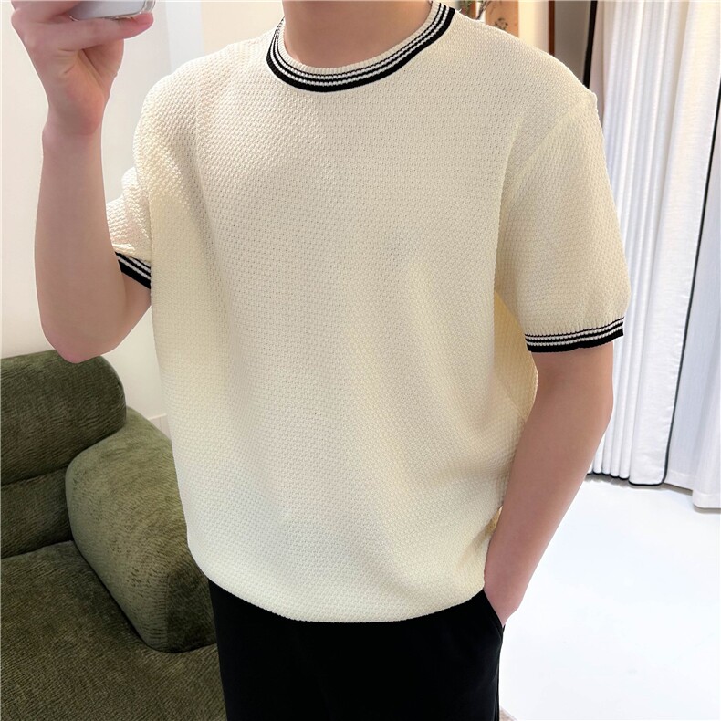 夏季男士冰丝圆领针织衫短袖宽松菠萝格T恤N6720-P50,男装T恤,星座1012-1