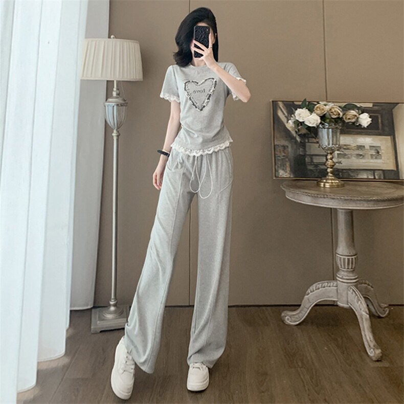 女夏季欧货潮流时尚运动休闲套装短袖蕾丝花边上衣阔腿长裤两件套,女装套装/套裙,江南