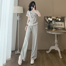 女夏季欧货潮流时尚运动休闲套装短袖蕾丝花边上衣阔腿长裤两件套，女装套装/套裙，江南