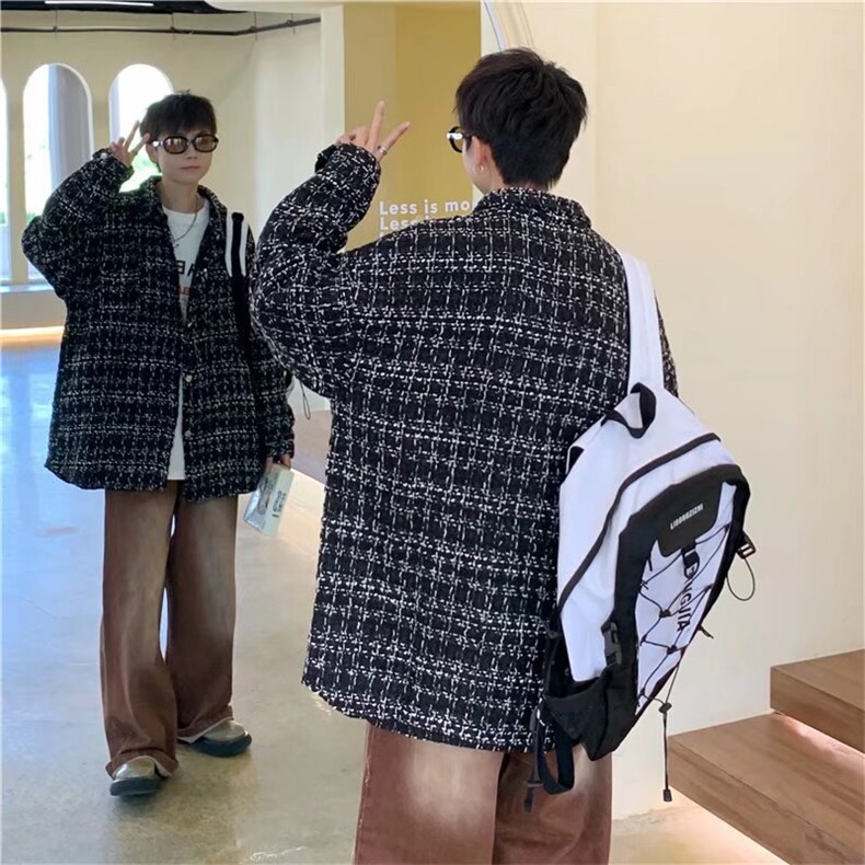 秋季复古长袖格子衬衫男潮2024新款宽松慵懒风设计感外套上衣,男装夹克,星座601-2