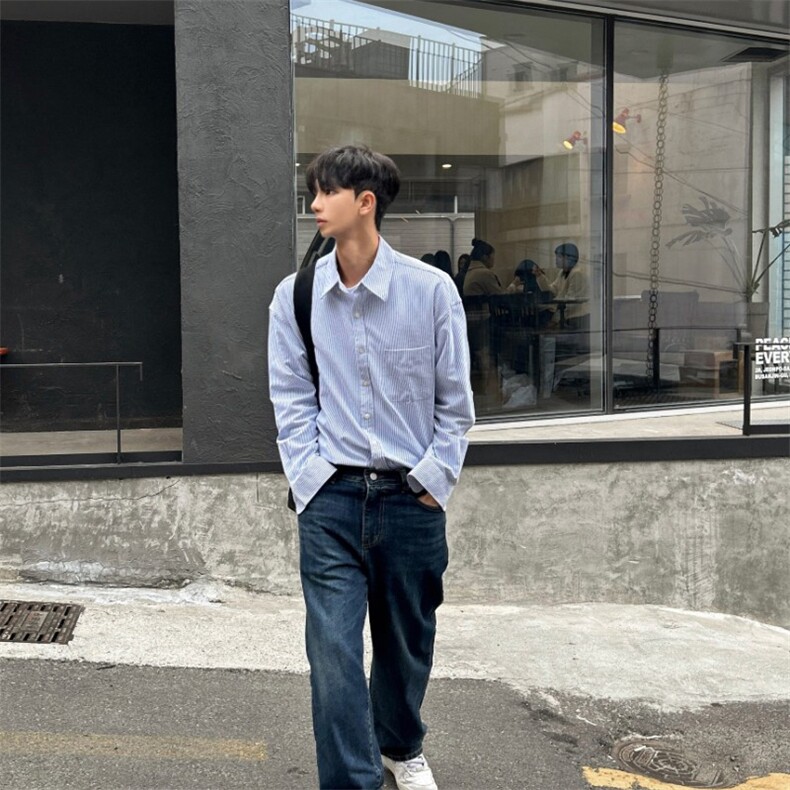 816B-CS015-P65条纹衬衫高级感宽松百搭韩版中性牛仔外套韩春,男装衬衫,星座816B