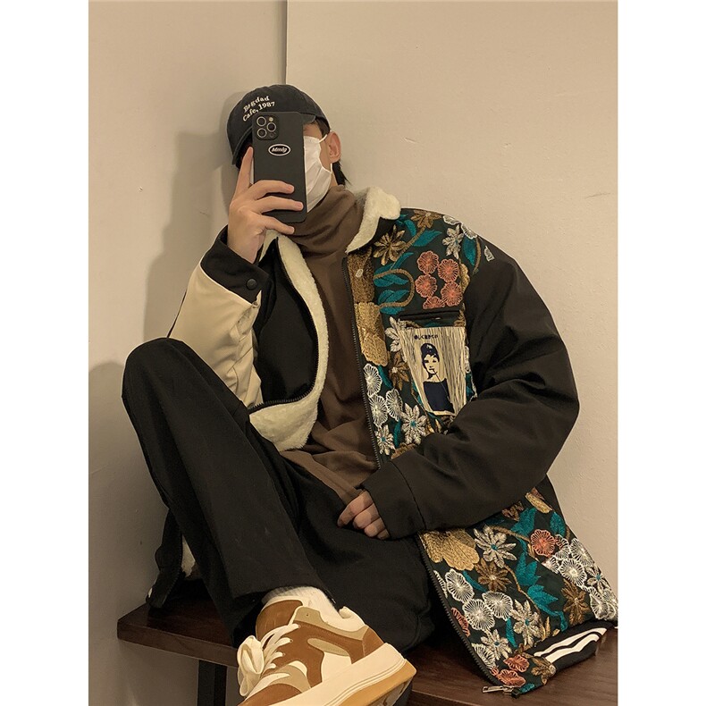 1港风室内刺绣拼接翻领棉衣男羊羔毛棉衣男外套男8723P110控148，男装棉衣，星座226-2