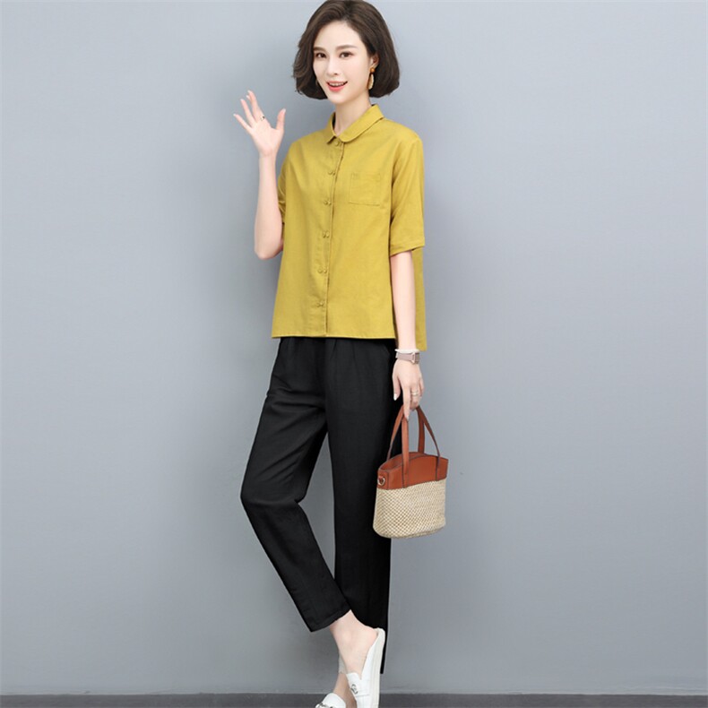 夏季套装2024新款女士休闲棉麻上衣小脚裤宽松薄款透气时尚两件套,女装套装/套裙,璐依舞