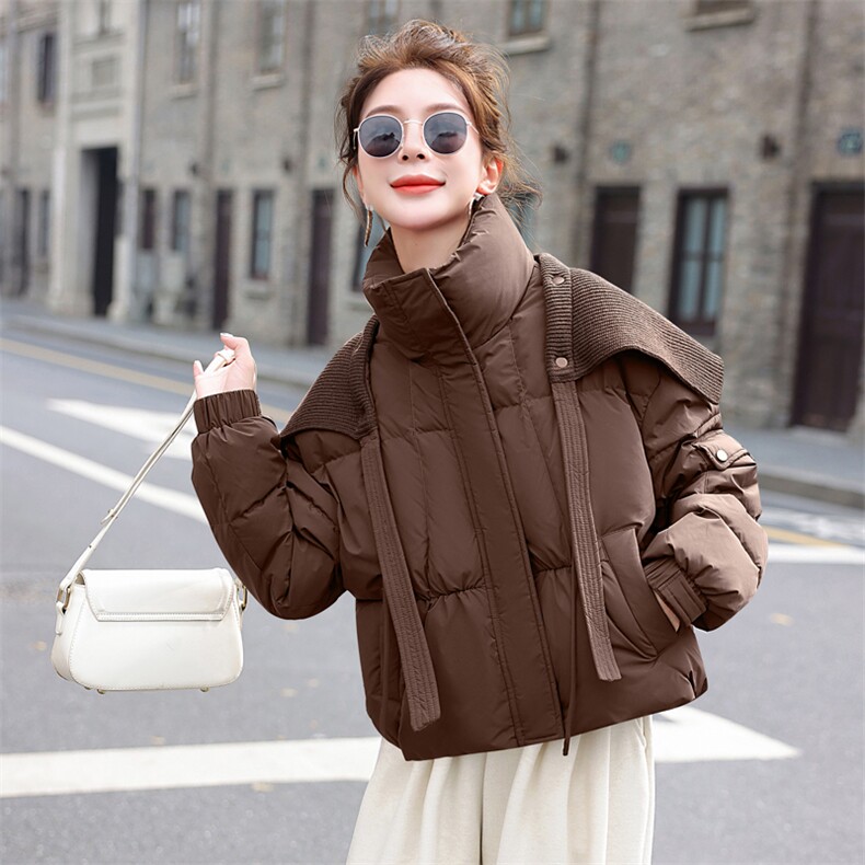 白鸭绒短款小个子针织披肩立领羽绒服外套女2025冬季新款面包服潮,女装羽绒服,意芙