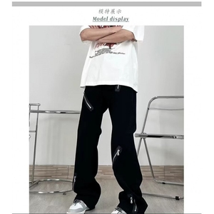 1506A/G77020/P40个性拉链小脚牛仔长裤黑色直筒宽松图片