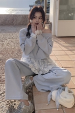 新款现货春款蓝色蕾丝花边卫衣套装1C056P165K238，女装套装/套裙，2D045