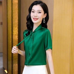 杭州缎面真丝衬衫女士短袖2025年夏季新款时尚高端蝴蝶结飘带上衣图片