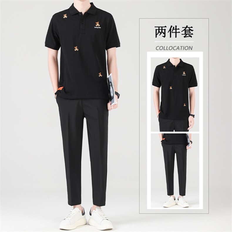 冰丝套装夏季九分休闲西裤男长裤修身韩版短袖POLO衫两件套潮,男装衬衫,星座505-2（原电商A260-1)