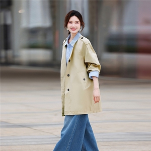 条纹拼接中长宽风衣女假两件女春季新款设计感减龄夹克上衣图片