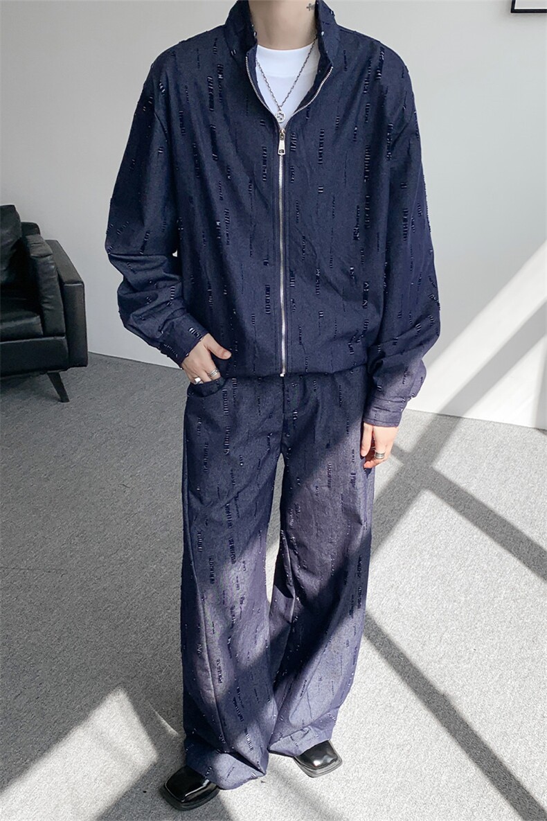 春秋男士韩系设计款牛仔套装割洞提花重工水洗外套牛仔裤套装,男装休闲套装,电商B319