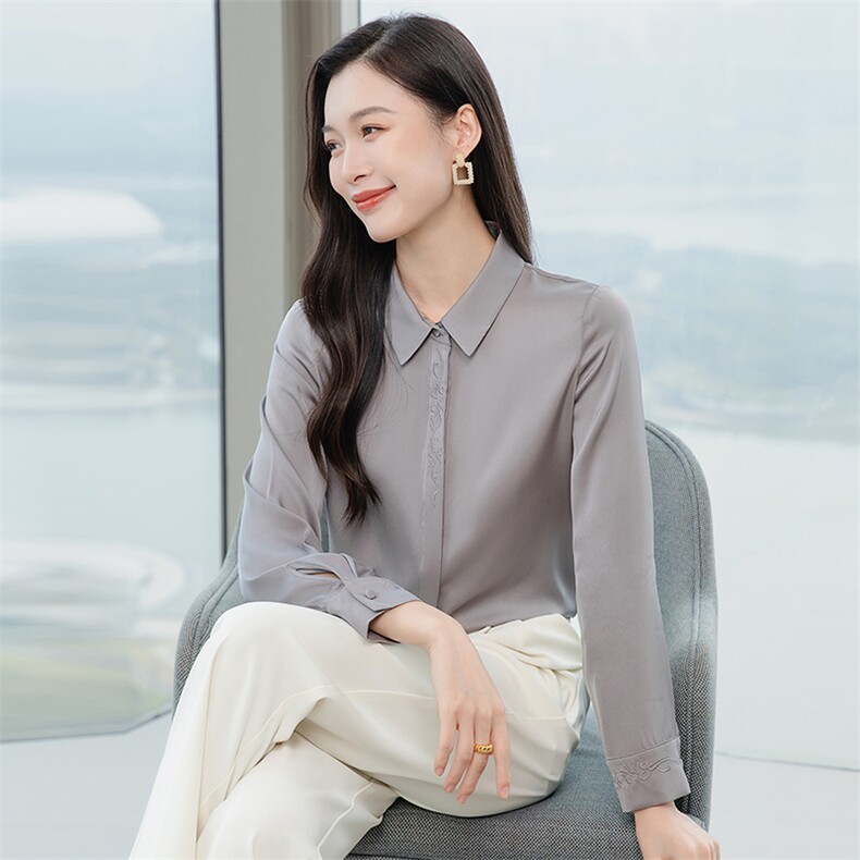 纯色绣花真丝衬衫女长袖宽松2026春季妈妈纯色衬衣显瘦真丝上衣,女装衬衫,阿舍尔精品