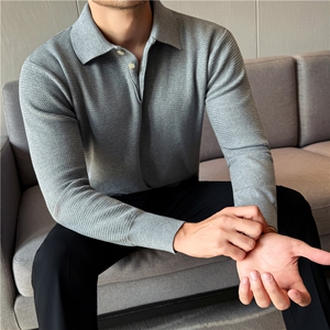 老钱风高品质含羊毛毛衣男POLO翻领针织衫米白色M2860-P83图片