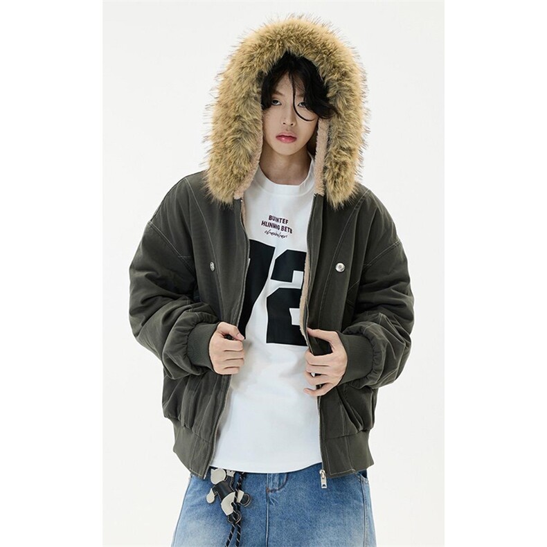 现货重磅boxy短款棉衣座山雕大毛毛领男女棉服水洗工装厚外套，男装棉衣，电商A486-1