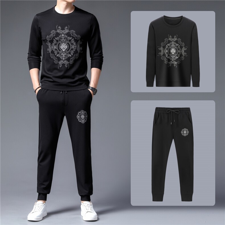 正品新款男士春秋季时尚套装圆领卫衣印花商务休闲长裤中年两件套图片