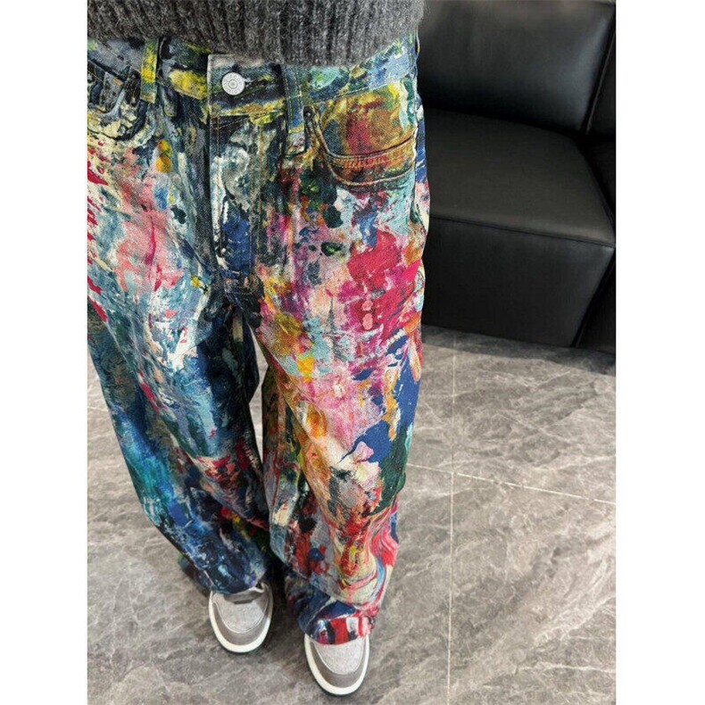 美式涂鸦油画牛仔裤男女设计感小众油漆直筒休闲裤潮L88299-P63,男装牛仔裤,星座1008