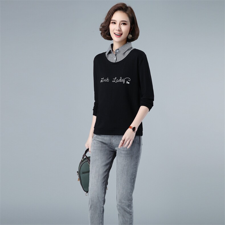 假两件纯棉套头卫衣女2021春秋新款polo领长袖字母印花宽松上衣,女装卫衣/绒衫,伊满意