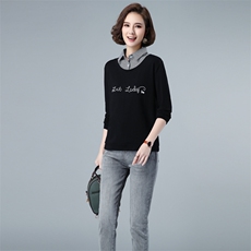 假两件纯棉套头卫衣女2021春秋新款polo领长袖字母印花宽松上衣，女装卫衣/绒衫，伊满意