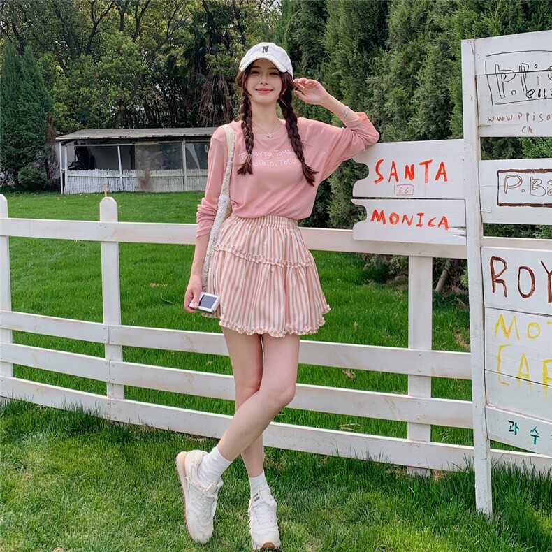 藕色甜美少女感减龄套装裙女2025夏季新款防晒上衣条纹短裙两件套,女装套装/套裙,2C135