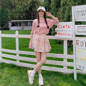 藕色甜美少女感减龄套装裙女2025夏季新款防晒上衣条纹短裙两件套图片