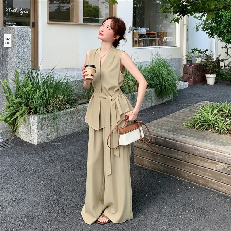 新款现货主推夏季无袖气质套装女老钱风阔腿裤清冷感韩系两件套,女装套装/套裙,网红馆