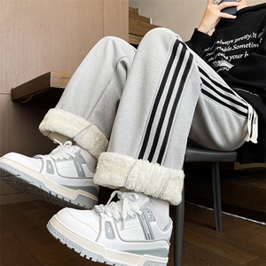 羊羔绒加绒加厚卫裤男秋冬季三条杠运动裤直筒阔腿KZ017P48加绒58图片
